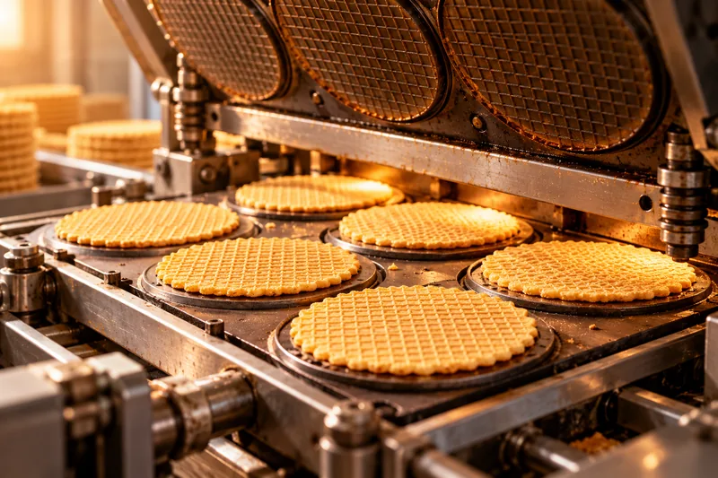 Świeże wafle w piecu tuż po wypieku
